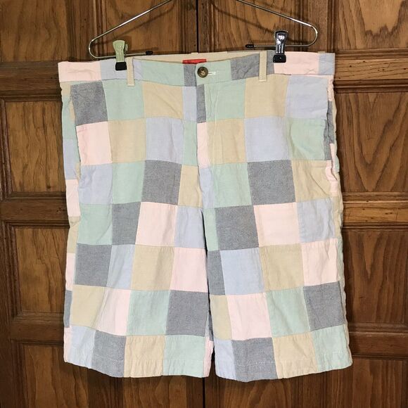 Izod Patchwork Bermuda Shorts Men's 36 Pastel Chambray Preppy Flat Pocket Pants - Picture 1 of 9